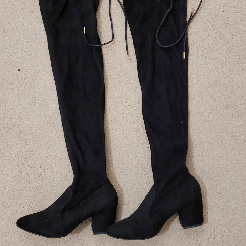 Black suede thigh high boots
